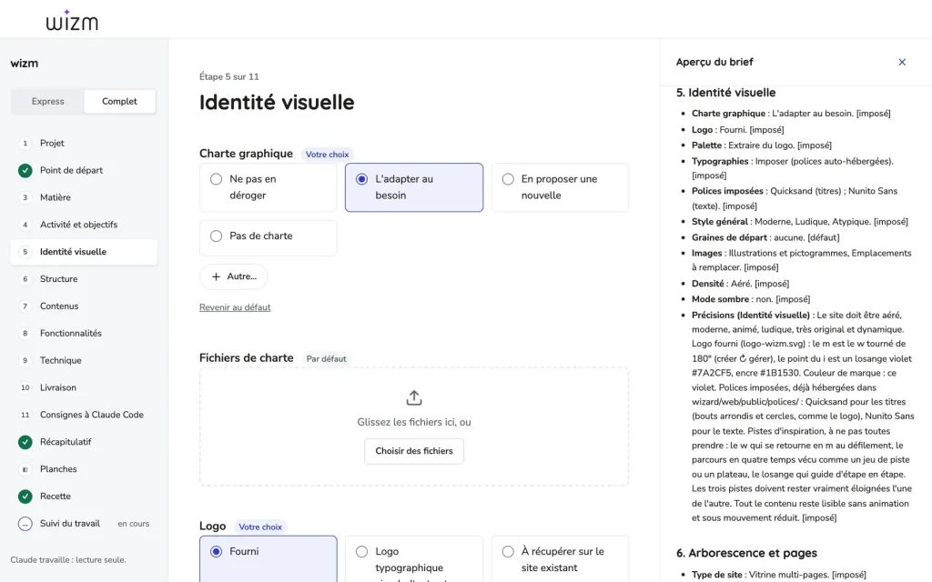 Une question du wizard, « Charte graphique », avec ses réponses à choisir et l'aperçu du brief