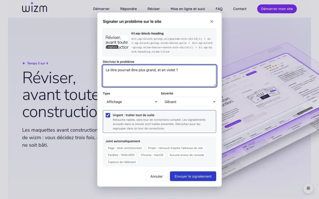 Le bouton de signalement sur la page Réviser : le titre désigné, sa capture jointe et le mot écrit dans la fenêtre