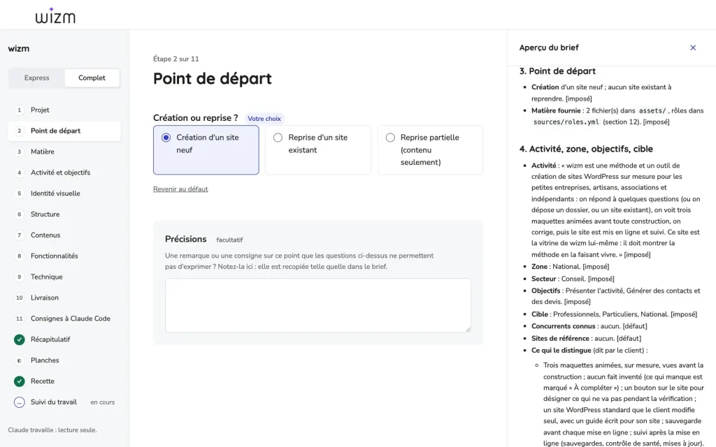 Démarrer : l’étape « Point de départ » du wizard, création d’un site neuf ou reprise d’un site existant