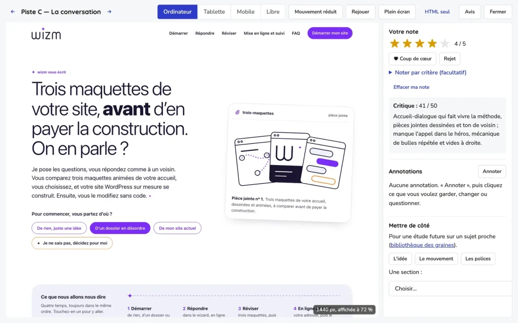 Réviser : une maquette animée ouverte dans le wizard, avec la note et la critique